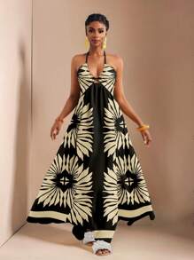 Zivah 女士休闲度假抽绳V领露背高开衩连衣裙，印花，适合夏季度假 - 彩色 - 查看 4