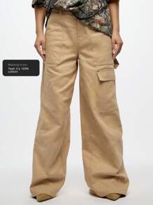 SUMWON WOMEN Carpenter Wide Leg Utility Trousers With Multiple Pockets Workwear Style Straight Cut High Waisted Fashion Statement Fall Winter Pants - Beige - View 8