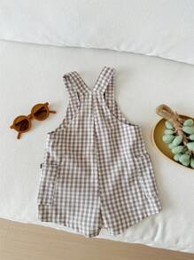 SHEIN LMoss Kids Newborn Baby Boy/Girl Versatile Cute Plaid Jumpsuit, Summer Checkered Overalls Baby Gingham Jumpsuit Baby Checkered Outfit Mocha Baby Clothes Summer Baby Outfit - Multicolor - View 2