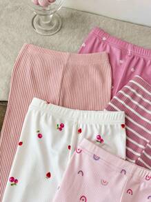 SHEIN Vintaside Kids 5pcs/Set Baby Girls' Casual Rainbow Flower/Stripe/Pattern Print Bottoms, Suitable For Home, Daily Wear In Spring/Summer - Multicolor - View 6