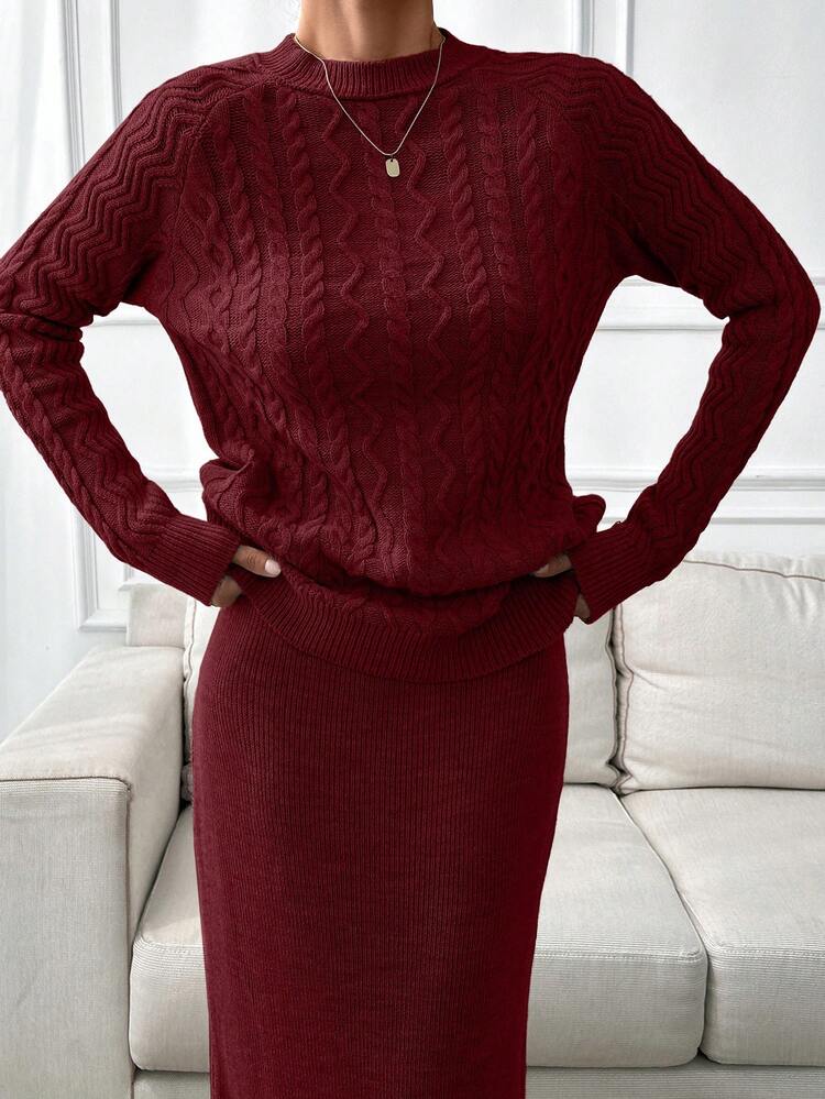 SHEIN Cottnline Cable Pattern Sweater And Straight Midi Skirt Set Elegant Simple,Co Ords Sets Women,Petite Co Ord,Co Ord,Petite,Winter Clothes - Burgundy - View 5