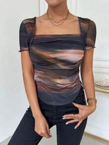 Chiquease 扎染方领褶饰生菜边网眼 T 恤图案 T 恤女式上衣 - 棕色 - 查看 5