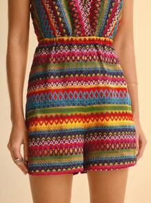 CAJUNI 女式波西米亚风格度假休闲沙滩V领无袖短款条纹连体裤，夏季 - 彩色 - 查看 5