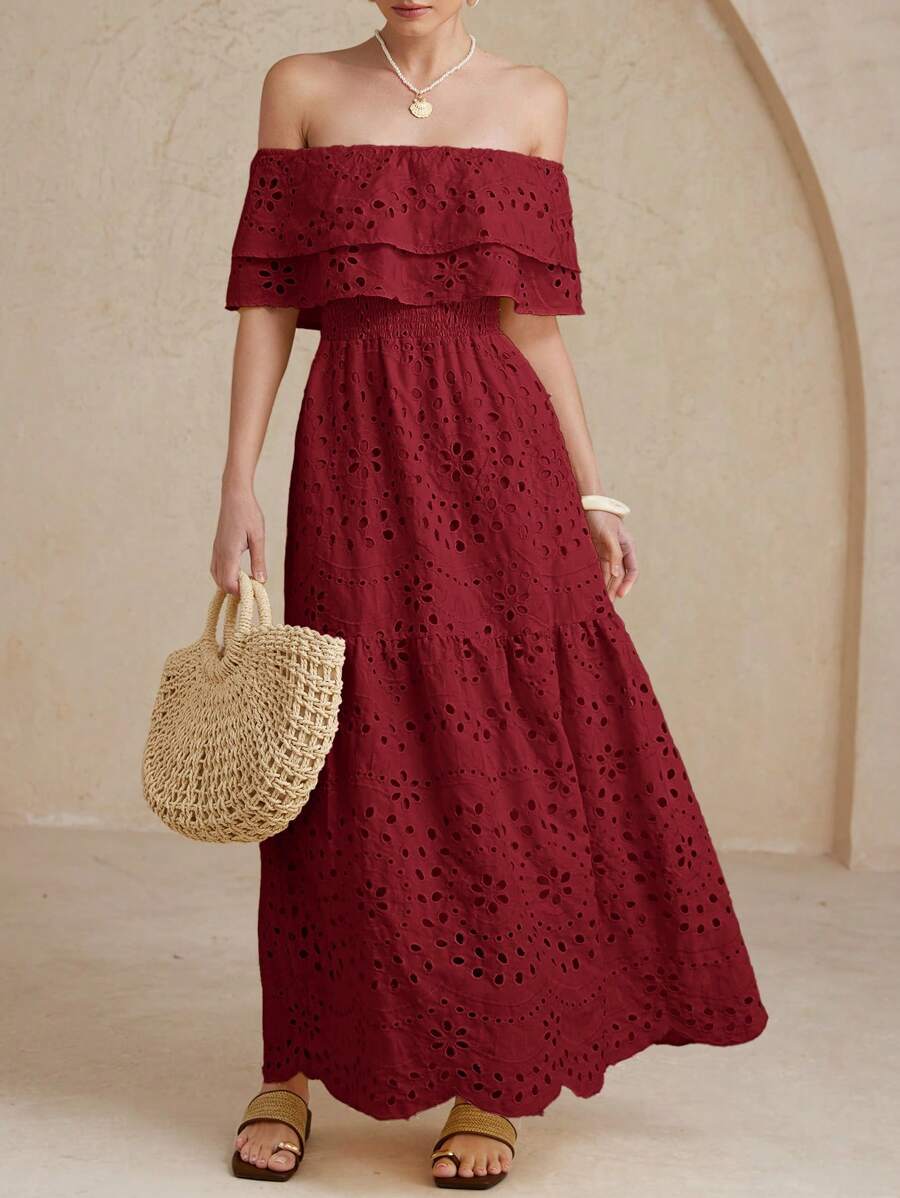 Embroidered Hollow-Out Ruffled Off Shoulder Slim Waist Women Long Dress For Vacation - Rust Brown - View 1