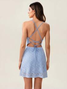 Chiquease Women's Light Blue Summer Chic Mini Dress,Date Night Backless Strappy Textured Solid Color Party Holiday Outfits,Casual Comfortable Dresses - Blue - View 2