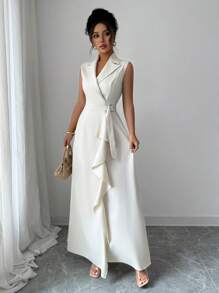 Elenzga 波西米亚风斜襟 V 领无袖荷叶边下摆连衣裙，适合夏季海滩度假 - 杏色 - 查看 3