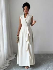 Elenzga 波西米亚风斜襟 V 领无袖荷叶边下摆连衣裙，适合夏季海滩度假 - 杏色 - 查看 4