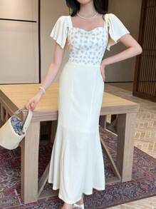SHEIN LUNE 方领收腰鱼尾长裙，纯色，时尚，适合夏季 - 杏色 - 查看 4