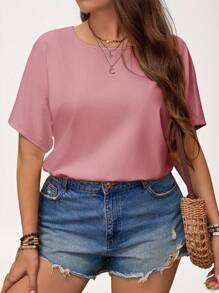 SHEIN LUNE Plus Size Women's Solid Color Round Neck Casual Loose Short Sleeve Bodysuit Wedding Guest Dress Women Mother Day Summer Simple & Fashionable - Dusty Pink - View 1
