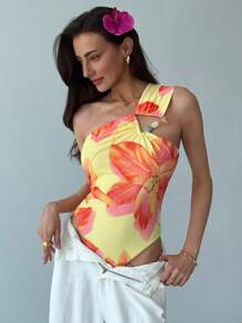 Aloruh Nuevo body de ajuste ceñido con cuello de ojo de cerradura en color liso, de estilo bohemio romántico con impresión floral de malla triangular y detalle de tirantes cruzados