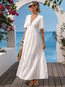 Vivid Eden Women's Summer Vacation Geometric Textured V-Neck Puff Sleeve Lace Trim Long Dress, Summer Dresses For Women,Beach Outfits For Woman,Summer Outfits For Women ,Sun Dresses For Women ,Summer Dresses For Vacation ,White Beach Dress,Elegant Dresses For Women,Boho Clothes Women