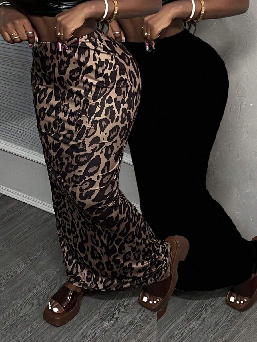 Slaydiva 2 chiếc/bộ váy dài đuôi cá in họa tiết da báo cho nữ, cạp thấp - Nhiều màu - Xem 1