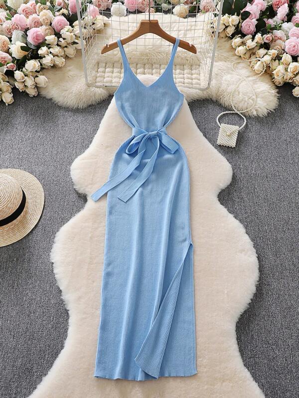 Franclia Solid Color Spaghetti Strap Bodycon Long Dress, Knit Fabric Vacation & Commute Dress Women Short Dresses Summer