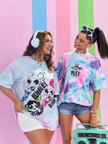 THE POWERPUFF GIRLS X SHEIN 扎染花朵、泡泡、毛茛图案圆领短袖 T 恤 - 彩色 - 查看 9