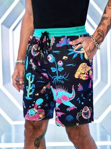 Rick and Morty X SHEIN 男士休闲全印花抽绳腰短裤，适合日常穿着，夏季 - 黑色 - 查看 3