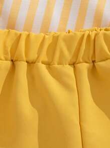 Souflis Souflis Conjunto de 2 piezas de camisa con estampado de rayas de bloques de color y pantalones cortos lisos para niños, look de caballero, conjunto para usar en verano en el diario y en fiestas - Amarillo - Ver 7