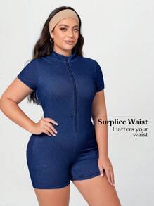 SHEIN Essnce Plus Size Knitted Denim Jumpsuit, Vacation Text, Tight & Stretchy