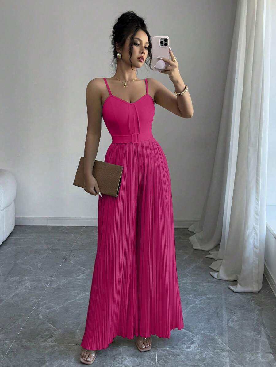 SHEIN Elenzya 女士时尚百褶连体裤，适合春夏季 - 玫紅色 - 查看 1