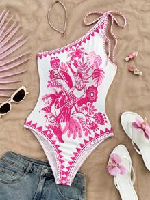 Soleia New V-Neck Bowknot Tie Shoulder Straps Printed Bodysuit For Women, Perfect For Vacation