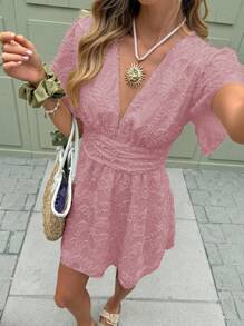 SHEIN Frenchy Đầm mini xếp ly cổ chữ V màu trơn cho kỳ nghỉ hè của phụ nữ - Hồng - Xem 3