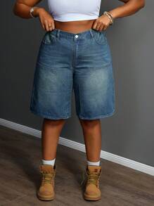 Slaydiva 大码女式口袋设计宽松休闲阔腿牛仔短裤 - 深色水洗藍 - 查看 3