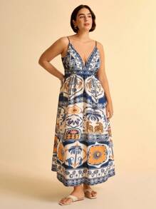 CAJUNI 女式波西米亚豹纹、棕榈树、龟背竹、热带花卉印花 V 领无袖长裙，大码休闲海滩度假连衣裙