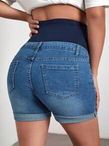 SHEIN Maternity Contrast High Waist Cuffed Hem Denim Shorts