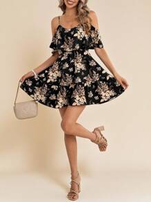 Amorya Women's Romantic Floral & Plant Print Off Shoulder Ruffle Hem Strap Summer Holiday Dress,Summer Dresses For Women