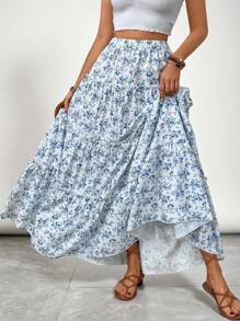 SHEIN VCAY Plus Size Vacation Leisure Small Ditsy Floral Long Skirt