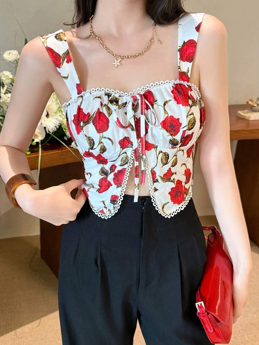 Celisse Camiseta sin mangas con estampado de rosas romántico para vacaciones (corte aleatorio) para mujeres - Multicolor - Ver 1