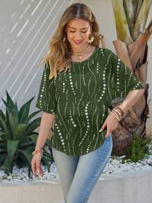 Glamance ORANGE STUDIO 女士绿色波尔卡圆点优雅网眼T恤，夏季 - 墨綠色 - 查看 4