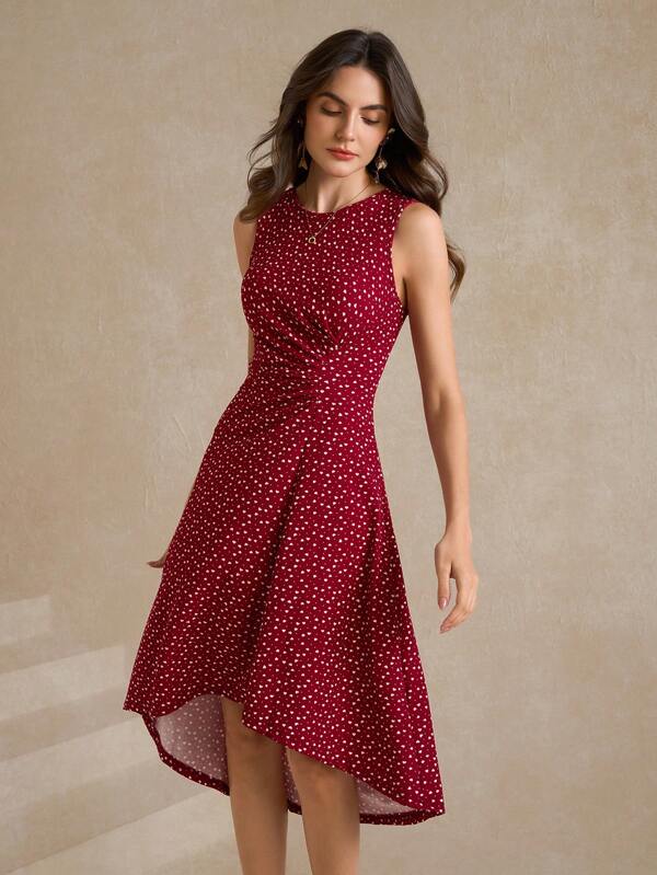 SHEIN Clasi Vestido casual de mujer sin mangas con estampado de lunares de corazón y cintura fruncida, verano