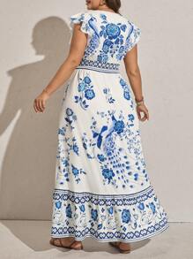 Comfylo Abito lungo stile cinese blu e bianco a fantasia, taglia larga, abiti bohémien estivi