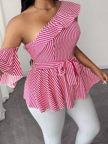 SHEIN Unity 大码编织条纹优雅休闲不对称领蝴蝶结衬衫 - 玫紅色 - 查看 6