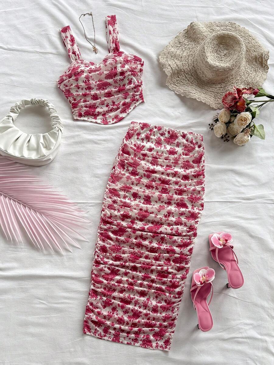 Soleia 女式碎花吊带背心和百褶迷你裙套装，假日风格海滩度假装春夏女士西部音乐节波西米亚假日波西米亚风