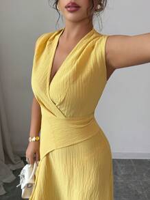 Elenzga Elenzga Women's Solid Color Elegant Asymmetric One-Piece Self-Tie Ruched Deep V Faux Denim Maxi Dress,Asymmetrical,Pleated,Fit,Knot,Deep V-Neck, V-Neck,Sleeveless,Wrap Dresses,Yellow,Texture Fabric,Stretch Fabric,Elegant Lady,Elegant,Going Out,Summer,Long Dresses