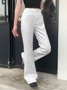 SHEIN EZwear 女式高腰弹力牛仔紧身白色喇叭牛仔裤 - 白色 - 查看 6