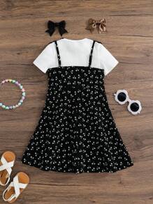 SHEIN 2 件套：年轻女孩碎花吊带背心连衣裙和 T 恤 - 黑與白 - 查看 6