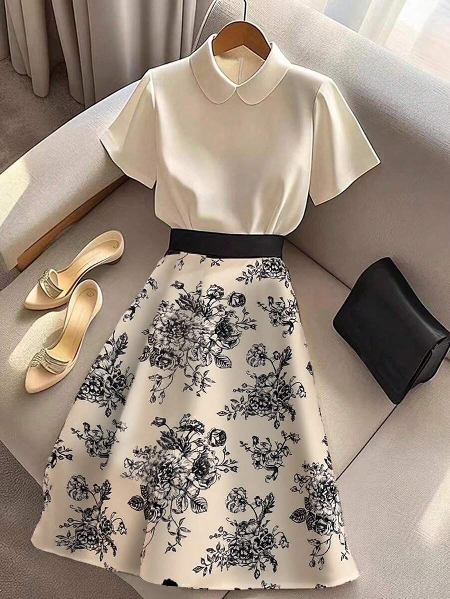 Franclia 法式时尚优雅青春纯色上衣印花裙夏装套装 - 黑色 - 查看 1