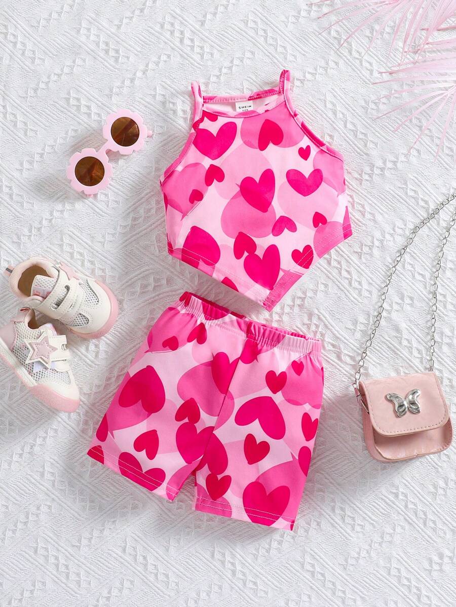 SHEIN 女婴可爱夏季碎花针织上衣和短裤两件套 - 彩色 - 查看 1