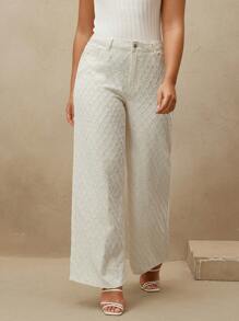 Anewsta Women's Elegant Modern Plaid Textured Sequin Embellished Pants - Apricot - View 5