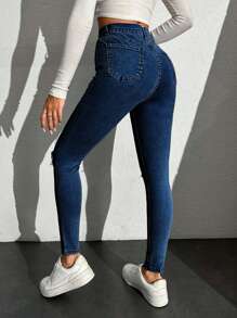 EURMUSE Ladies' Ripped Tight Jeans - Dark Wash - View 2