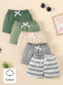 SHEIN Vintaside Kids 5入組嬰兒男孩基本款純色條紋短褲 - 彩色 - 查看 8