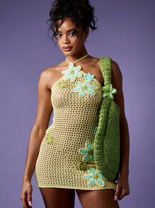 MISSGUIDED 钩针编织沙滩罩衫迷你连衣裙花卉贴花单肩露背夏季度假沙滩装泳池泳衣罩衫 - 黃色 - 查看 1