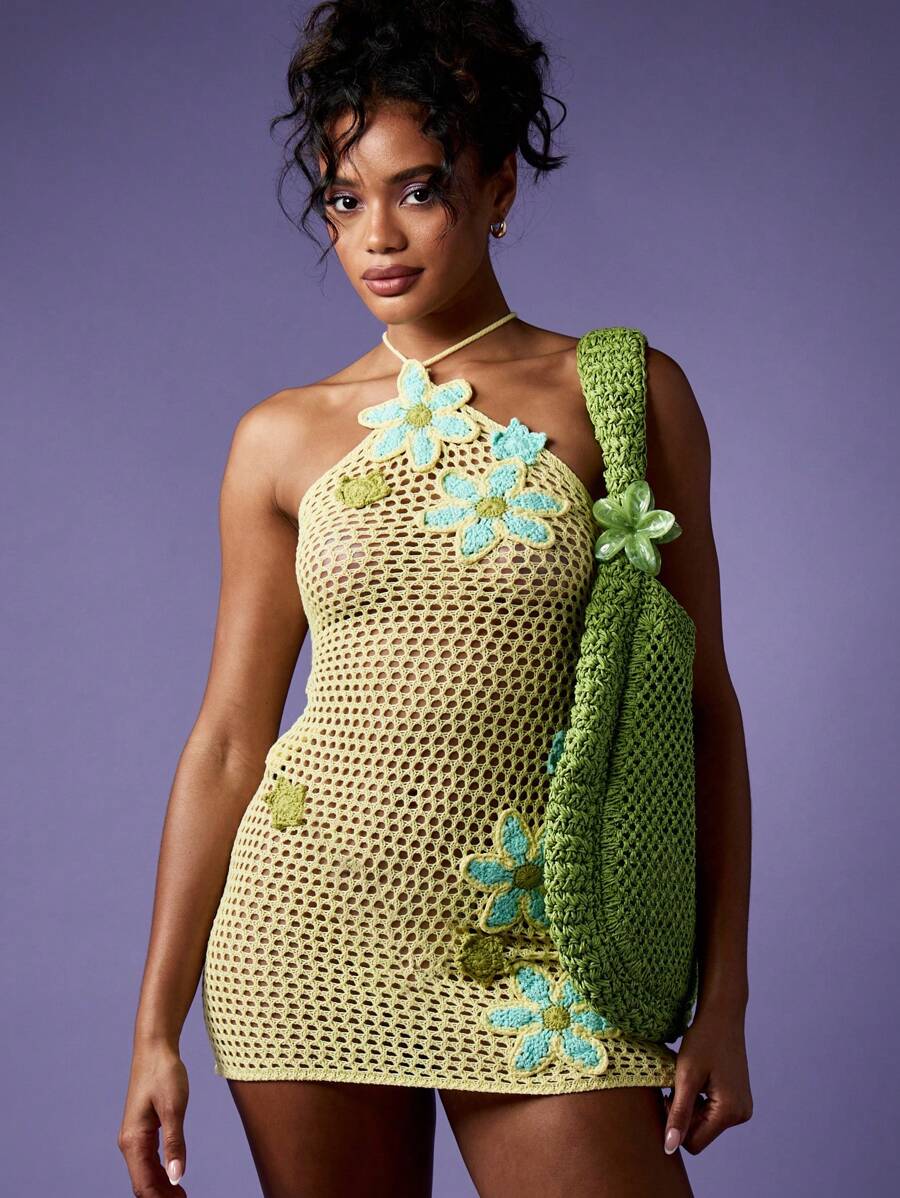 MISSGUIDED 钩针编织沙滩罩衫迷你连衣裙花卉贴花单肩露背夏季度假沙滩装泳池泳衣罩衫 - 黃色 - 查看 1