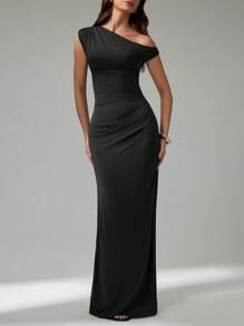 SHEIN Tall 女式纯色不对称领口褶皱优雅连衣裙 - 黑色 - 查看 5