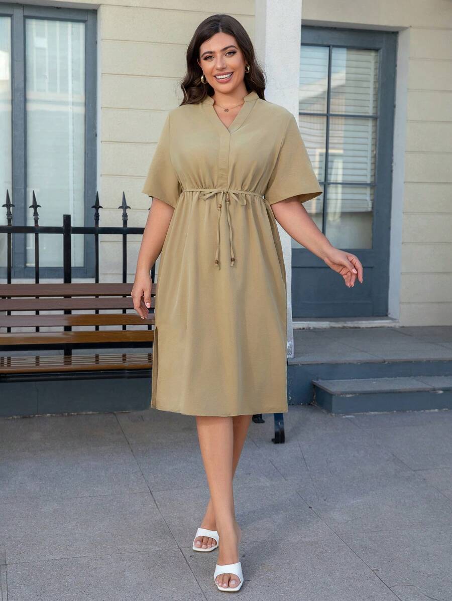 INAWLY Plus Size Casual Solid Color Waist Belt Side Split Dress - Khaki - View 1