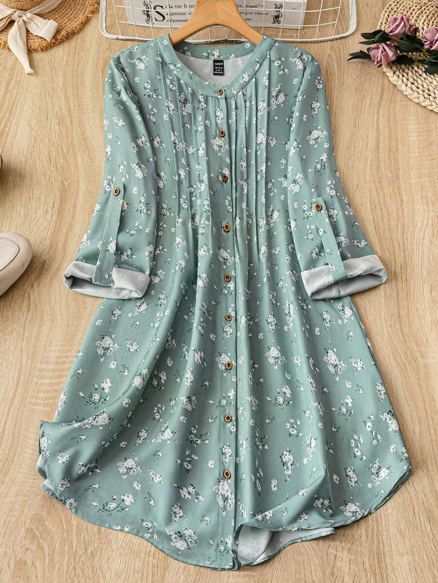 Modelyn 女士花卉印花前扣休闲卷袖衬衫