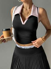 Easithlete Women's Spring/Summer Colorblock Stripe Ribbed Trim Polo Shirt - Black - View 1