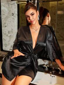 SilkySpell Lace Backless Kimono Robe, High-End Satin Comfortable Extremely Alluring Women Sleepwear - Black - View 2